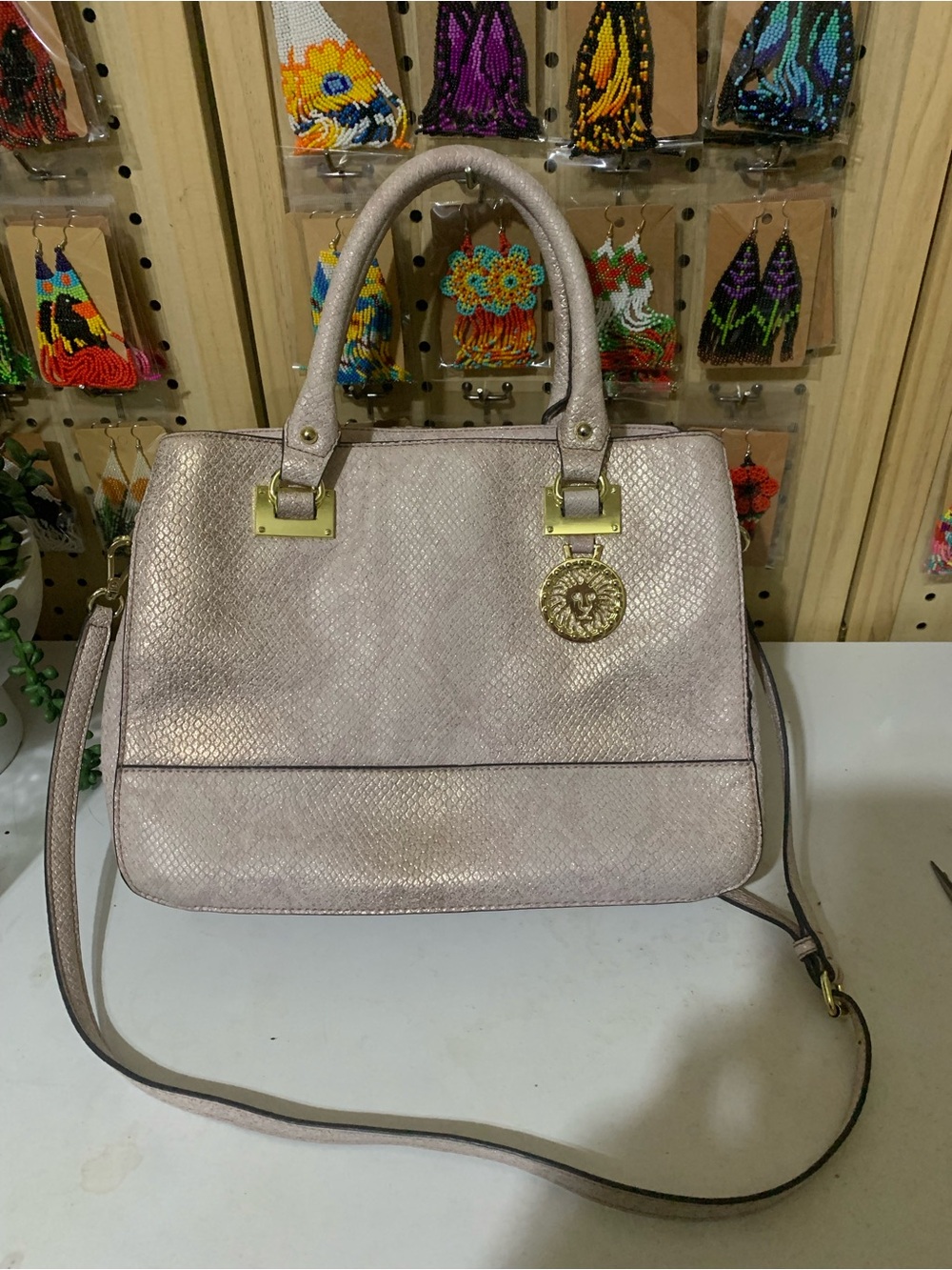 Anne Klein Metallic Blush Satchel with Gold Hardware